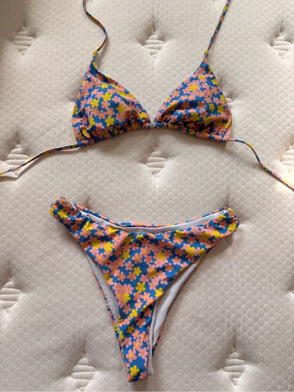 41. Floral Triangle Bikini Set in Blue with Pink & Yellow Flowers